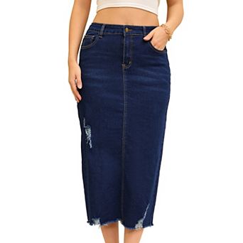Women's Denim Skirt Ripped Raw Hem High Waisted Stretch Midi Jean Skirts