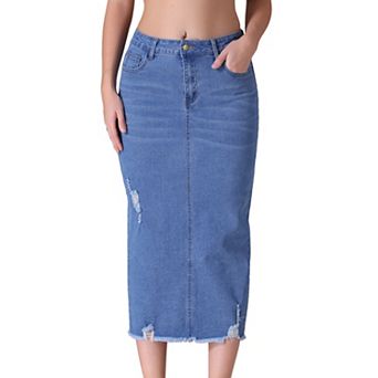 Women's Denim Skirt Ripped Raw Hem High Waisted Stretch Midi Jean Skirts