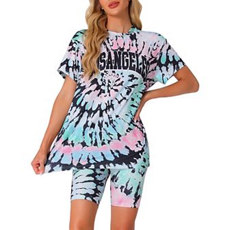 Women's Tie Dye Lounge Set Outfits Biker Shorts Sets Loungewear