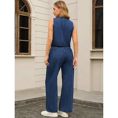 Women's Denim 2 Piece Outfits Jean Vest Top and Jeans Denim Set