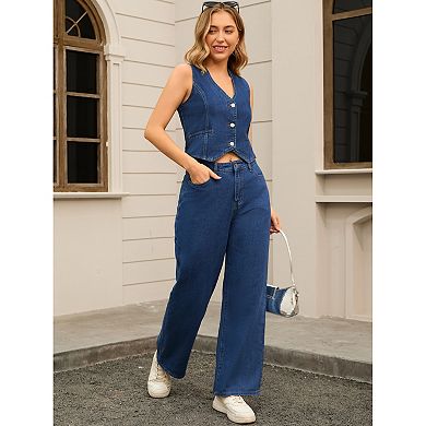 Women's Denim 2 Piece Outfits Jean Vest Top and Jeans Denim Set