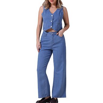 Women's Denim 2 pc Outfits Jean Vest Top and Jeans Denim Set