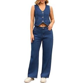 Women's Denim 2 pc Outfits Jean Vest Top and Jeans Denim Set