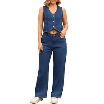 Women's Denim 2 pc Outfits Jean Vest Top and Jeans Denim Set