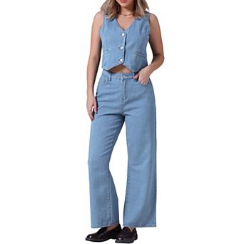Women's Denim 2 pc Outfits Jean Vest Top and Jeans Denim Set