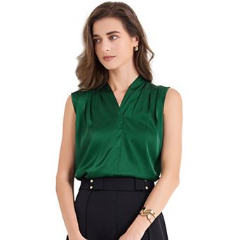 Women's Silk Satin Tank Top V Neck Sleeveless Ruched Blouse Summer Basic Tank Shirt