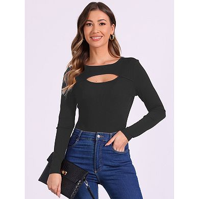 Bodysuit for Women Ribbed Knit Cutout Front Long Sleeve Crew Neck Bodycon Leotard Tops