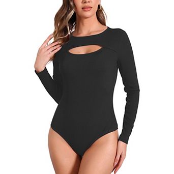 Bodysuit for Women Ribbed Knit Cutout Front Long Sleeve Crew Neck Bodycon Leotard Tops