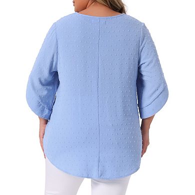 Plus Size Tops for Women Round Neck Petal Sleeve Swiss Dots Blouse T-shirt Casual Tops