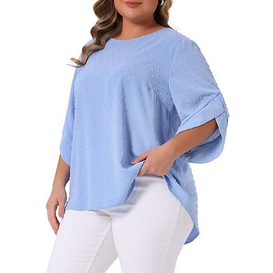 Plus Size Tops for Women Round Neck Petal Sleeve Swiss Dots Blouse T-shirt Casual Tops