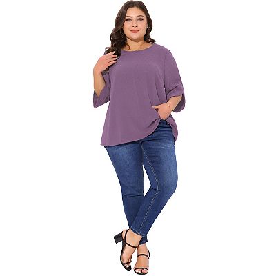 Plus Size Tops for Women Round Neck Petal Sleeve Swiss Dots Blouse