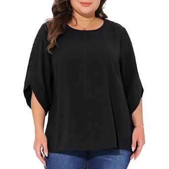 Plus Size Tops for Women Round Neck Petal Sleeve Swiss Dots Blouse T-shirt Casual Tops
