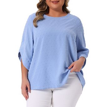 Plus Size Tops for Women Round Neck Petal Sleeve Swiss Dots Blouse T-shirt Casual Tops