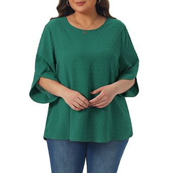 Plus Size Tops for Women Round Neck Petal Sleeve Swiss Dots Blouse T-shirt Casual Tops