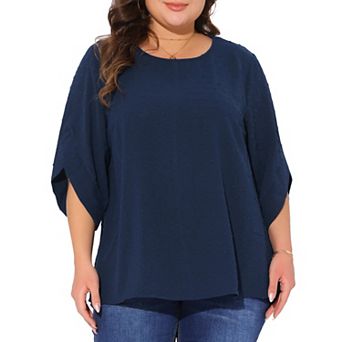 Plus Size Tops for Women Round Neck Petal Sleeve Swiss Dots Blouse T-shirt Casual Tops