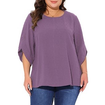 Plus Size Tops for Women Round Neck Petal Sleeve Swiss Dots Blouse T-shirt Casual Tops