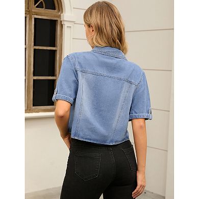 Women's Denim Jackets Casual Turndown Collar Short Sleeve Button Crop Jean Jacket