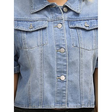 Women's Denim Jackets Casual Turndown Collar Short Sleeve Button Crop Jean Jacket