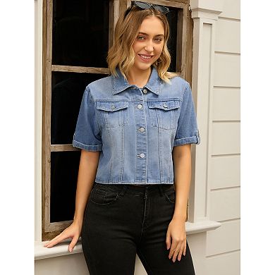 Women's Denim Jackets Casual Turndown Collar Short Sleeve Button Crop Jean Jacket