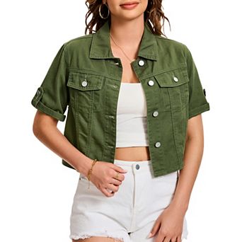 Women's Denim Jackets Casual Turndown Collar Short Sleeve Button Crop Jean Jacket