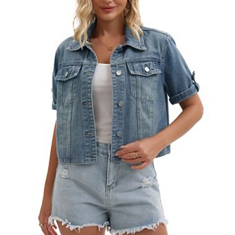 Women's Denim Jackets Casual Turndown Collar Short Sleeve Button Crop Jean Jacket
