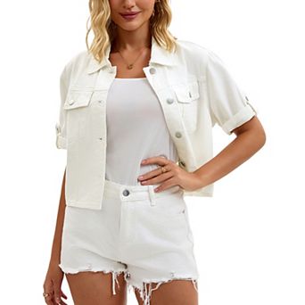Women's Denim Jackets Casual Turndown Collar Short Sleeve Button Crop Jean Jacket