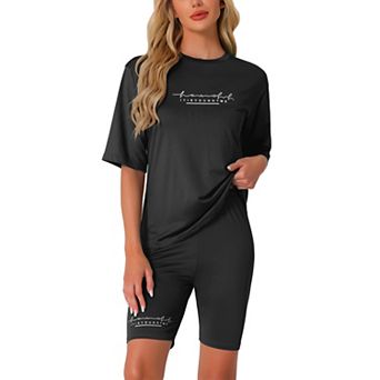 Womens 2 pc Outfits Letter Printed Workout Short Sleeve T-Shirt Bodycon Shorts Lounge Sets