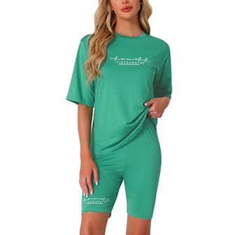 Womens 2 pc Outfits Letter Printed Workout Short Sleeve T-Shirt Bodycon Shorts Lounge Sets