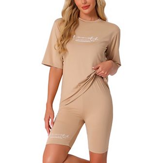 Womens 2 pc Outfits Letter Printed Workout Short Sleeve T-Shirt Bodycon Shorts Lounge Sets