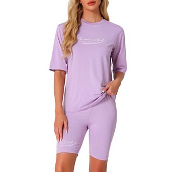 Womens 2 pc Outfits Letter Printed Workout Short Sleeve T-Shirt Bodycon Shorts Lounge Sets