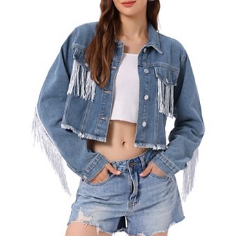 Women's Cropped Jean Jackets Fringe Long Sleeve Frayed Hem Tassel Trim Denim Jacket