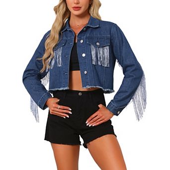 Women's Cropped Jean Jackets Fringe Long Sleeve Frayed Hem Tassel Trim Denim Jacket