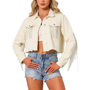 Women's Cropped Jean Jackets Fringe Long Sleeve Frayed Hem Tassel Trim Denim Jacket