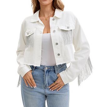 Women's Cropped Jean Jackets Fringe Long Sleeve Frayed Hem Tassel Trim Denim Jacket