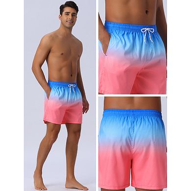 Men's Contrast Color Gradient Elastic Waist Summer Drawstring Beach Shorts