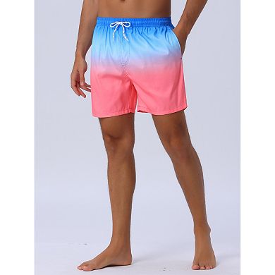 Men's Contrast Color Gradient Elastic Waist Summer Drawstring Beach Shorts
