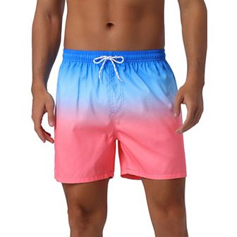 Men's Contrast Color Gradient Elastic Waist Summer Drawstring Beach Shorts