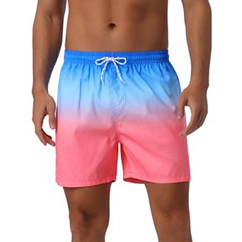 Men's Contrast Color Gradient Elastic Waist Summer Drawstring Beach Shorts