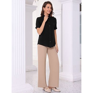 Summer Button Down Shirt for Women's Causal Short Sleeve Turn Down Collar Casual Work Blouse Top