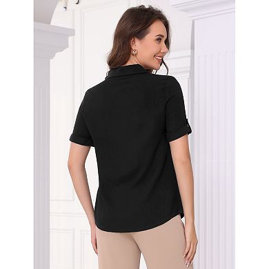 Summer Button Down Shirt for Women's Causal Short Sleeve Turn Down Collar Casual Work Blouse Top