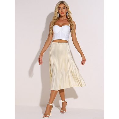 Pleated Midi Skirt for Women's Elastic Waist A-line Swing High Waist Skirts