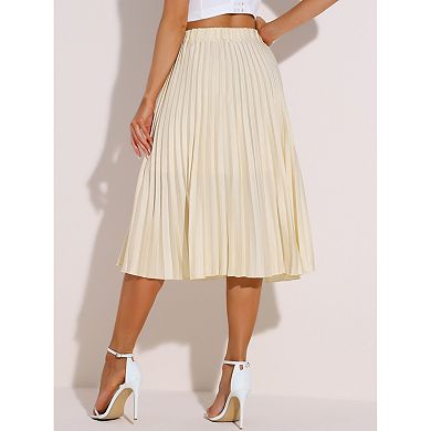 Pleated Midi Skirt for Women's Elastic Waist A-line Swing High Waist Skirts