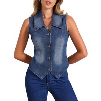 Denim Vest for Women's Sleeveless Collared V Neck Button Down Waistcoat Corset Bustier Jean Jacket
