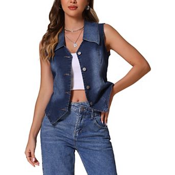 Denim Vest for Women's Sleeveless Collared V Neck Button Down Waistcoat Corset Bustier Jean Jacket