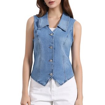 Denim Vest for Women's Sleeveless Collared V Neck Button Down Waistcoat Corset Bustier Jean Jacket