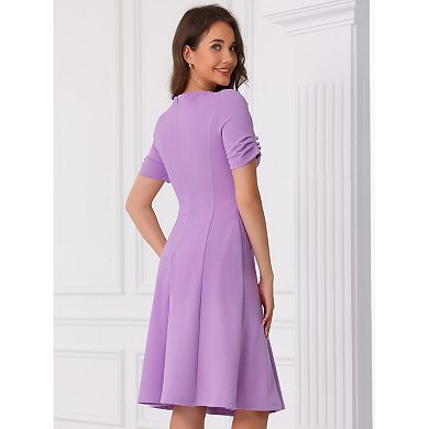 A-Line Work Dress for Women's Square Neck Ruched Short Sleeve Dresses