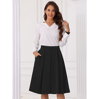 High Waist A-Line Skirt for Women's Flare Pleated Midi Skirt with Pocket