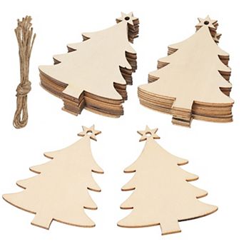 Wooden Embellishments, 20 pc Tree Shape Wood Cutout Hanging Ornaments with Twine for DIY Craft Decor