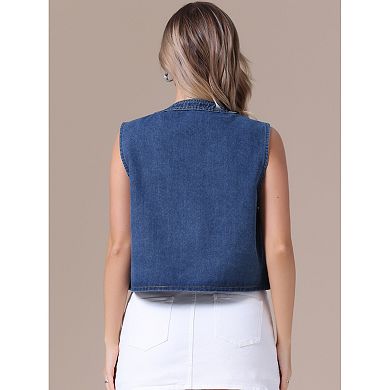 Women's Cropped Denim Cardigan Sleeveless Decor Pearl Jean Jacket Shrug