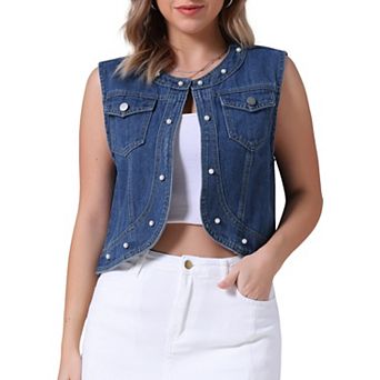 Women's Cropped Denim Cardigan Sleeveless Decor Pearl Jean Jacket Shrug